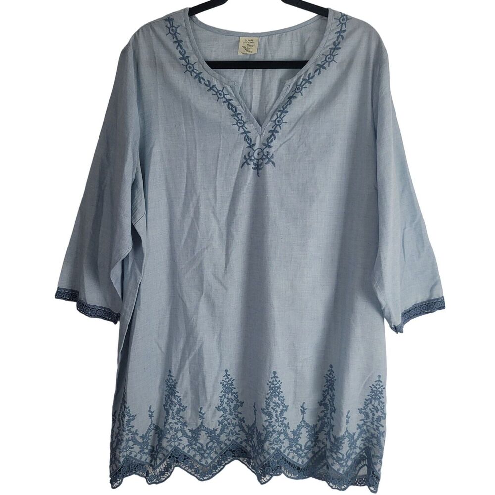 Blair Tunic 2x Womens Plus Size 3/4 Sleeve Blue V Neck Pullover Embroidered Lace